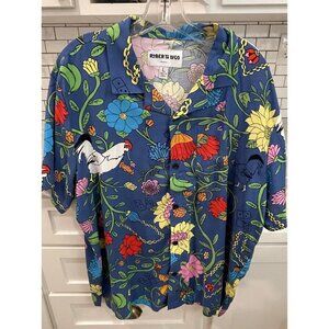 Roberto Lugo Shirt Mens Large Blue Floral Rooster Domino Print Rayon Chickens